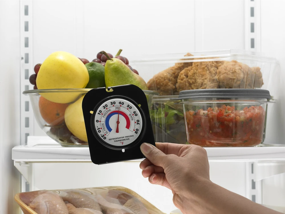 A hand holds a dial appliance thermometer inside a refrigerator, next to a bowl of fruit, a tub of salsa and a tray of raw chicken.