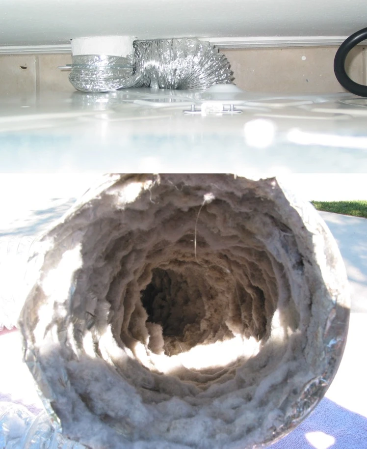 Two photos of a foil dryer hose. On top the hose is crushed flat behind the dryer. Below, the inside of the hose is thick with gray lint.