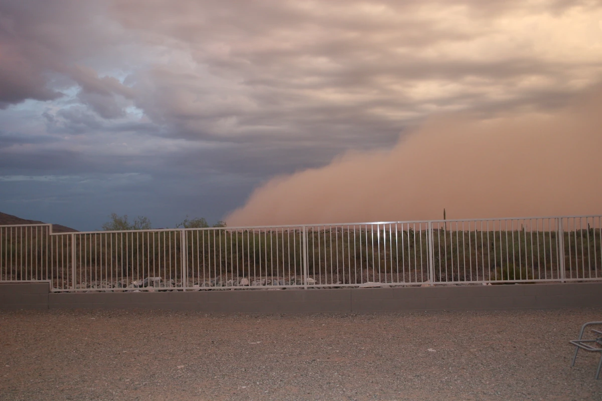 A tall wall of brown dust rolls toward a backyard fence in Ahwatukee, Phoenix, under dark storm clouds.